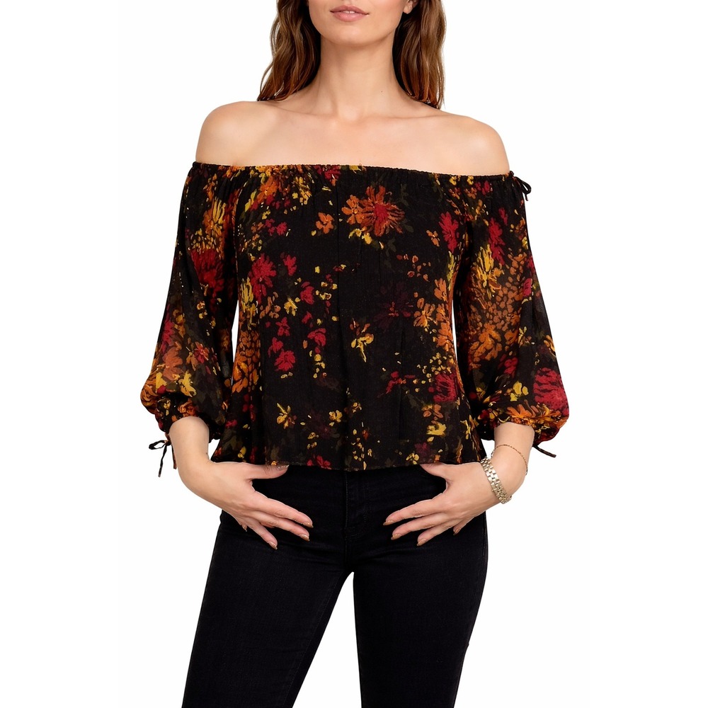 Wilfred x Aritzia Womens Off The Shoulder Floral Pleated Blouse Black Red Orange
